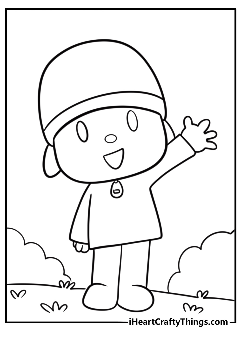 Pocoyo smiling and waving coloring page for kids