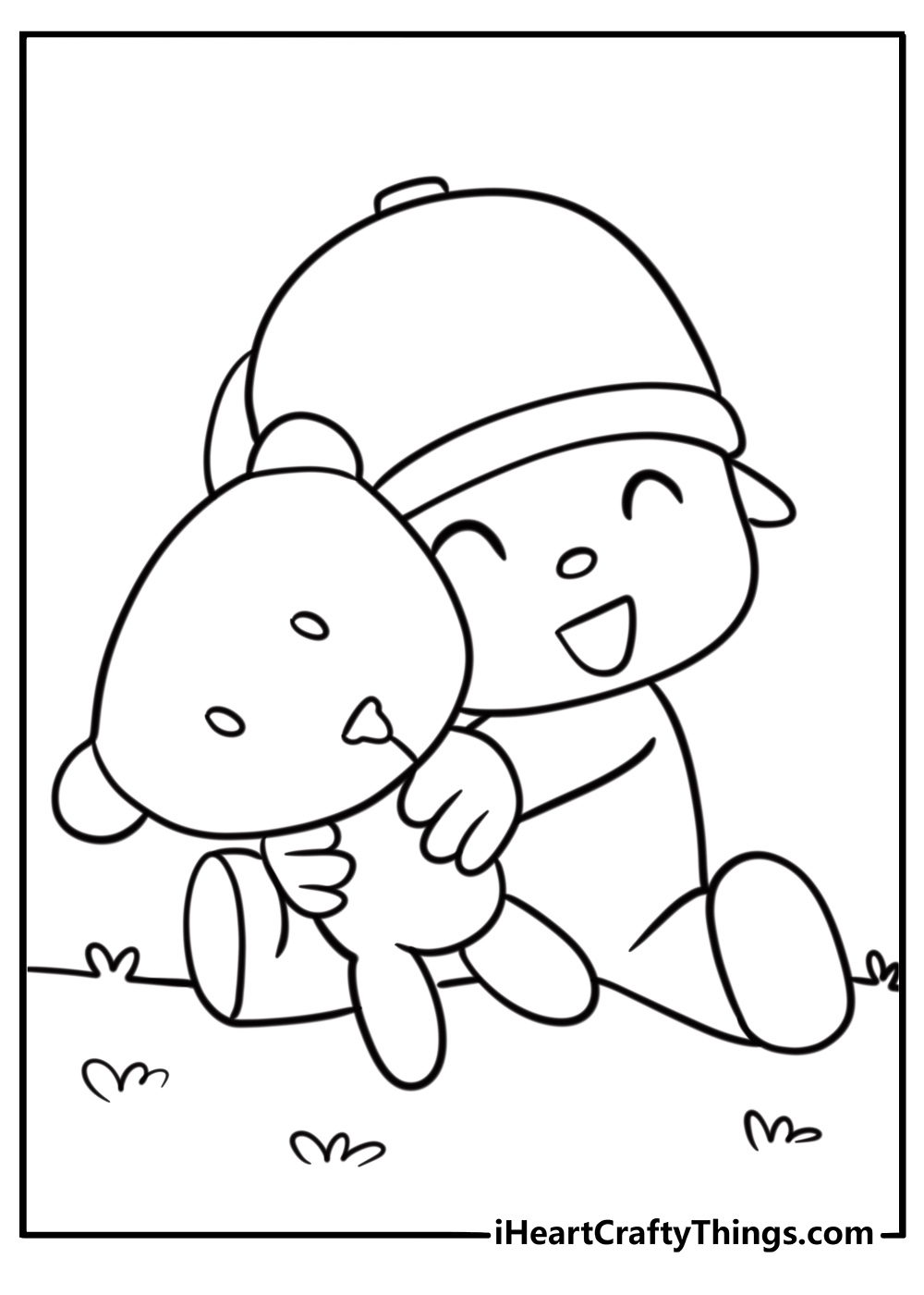 Pocoyo with a big teddy bear fun printable coloring sheet