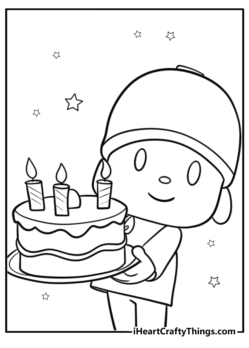 Pocoyo with a birthday cake fun printable coloring sheet