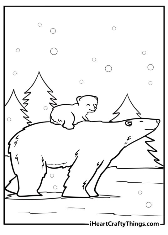 Polar bear mother and cubs walking on ice detailed coloring sheet