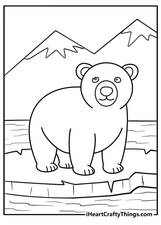 Polar bear standing on ice colorin page for kids