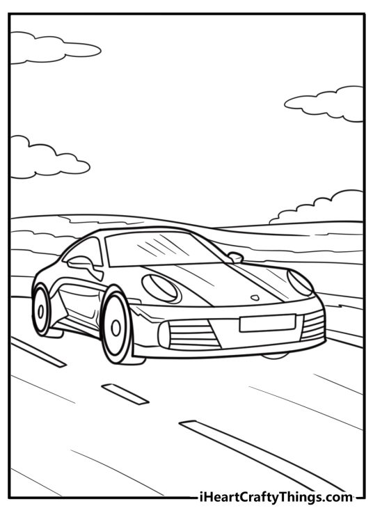 Porsche 911 carrera driving on the highway coloring page