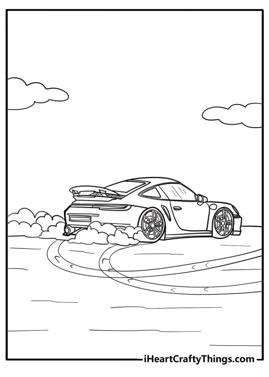 Porsche 911 drifting on a racetrack free coloring page pdf