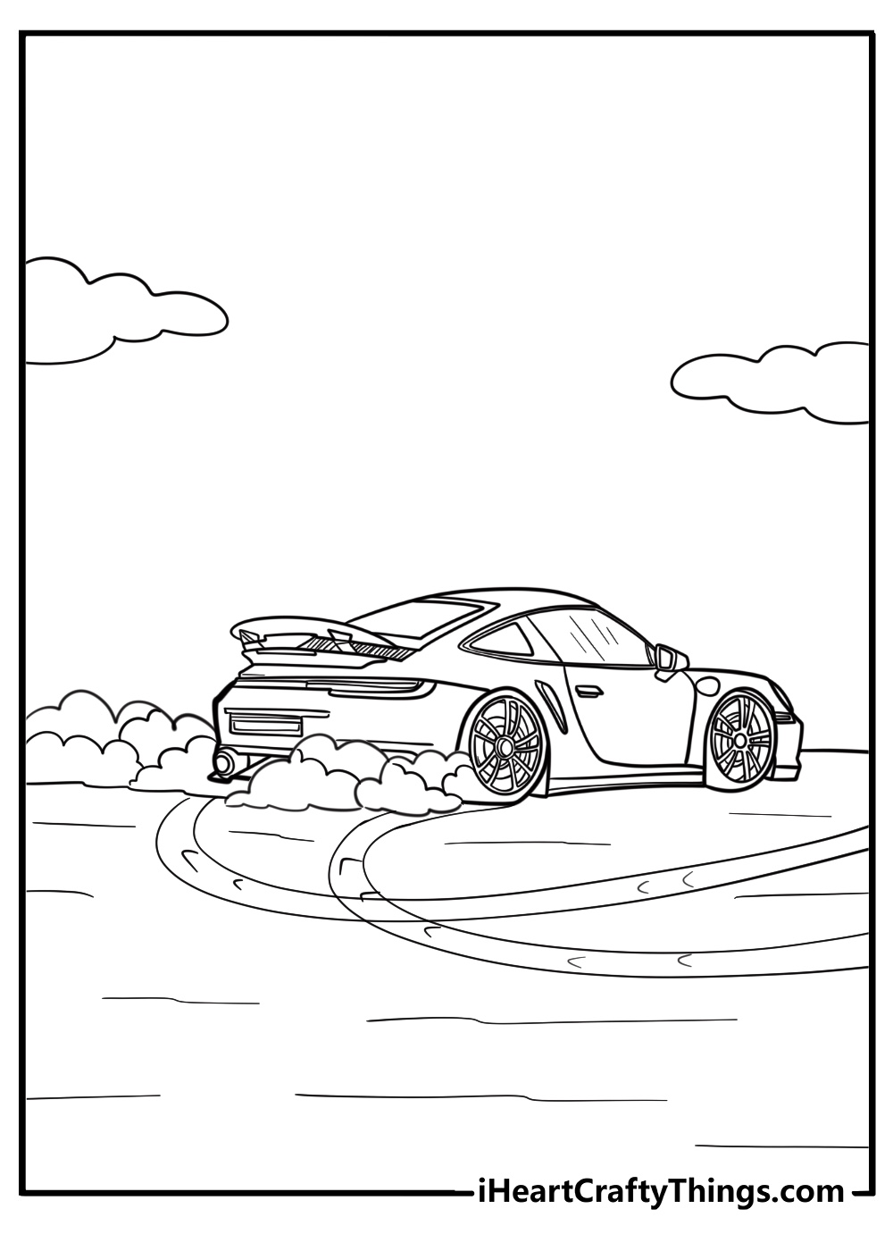 Porsche 911 drifting on a racetrack free coloring page pdf