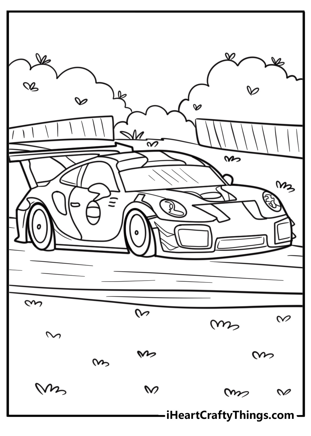 Porsche 911 GT2 RS on a race circuit fun coloring sheet