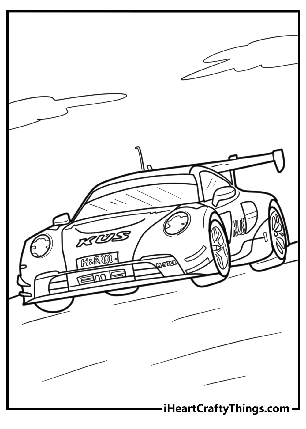 Porsche 911 GT3 on a racetrack fun coloring sheet