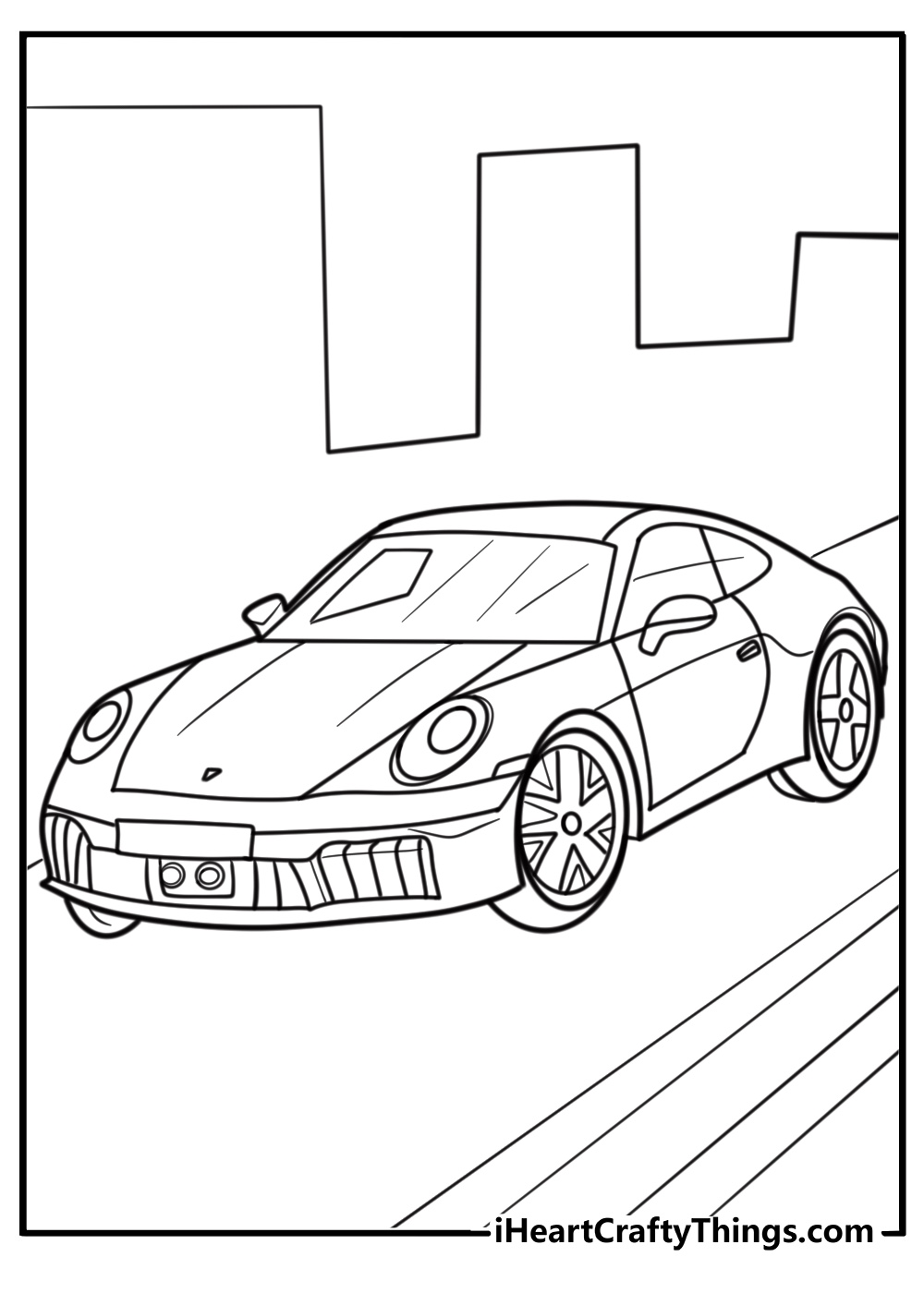 Porsche 911 parked in a cityscape free coloring page pdf