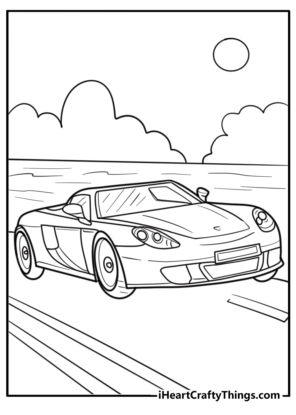 Porsche carrera gt supercar on the road printable coloring page