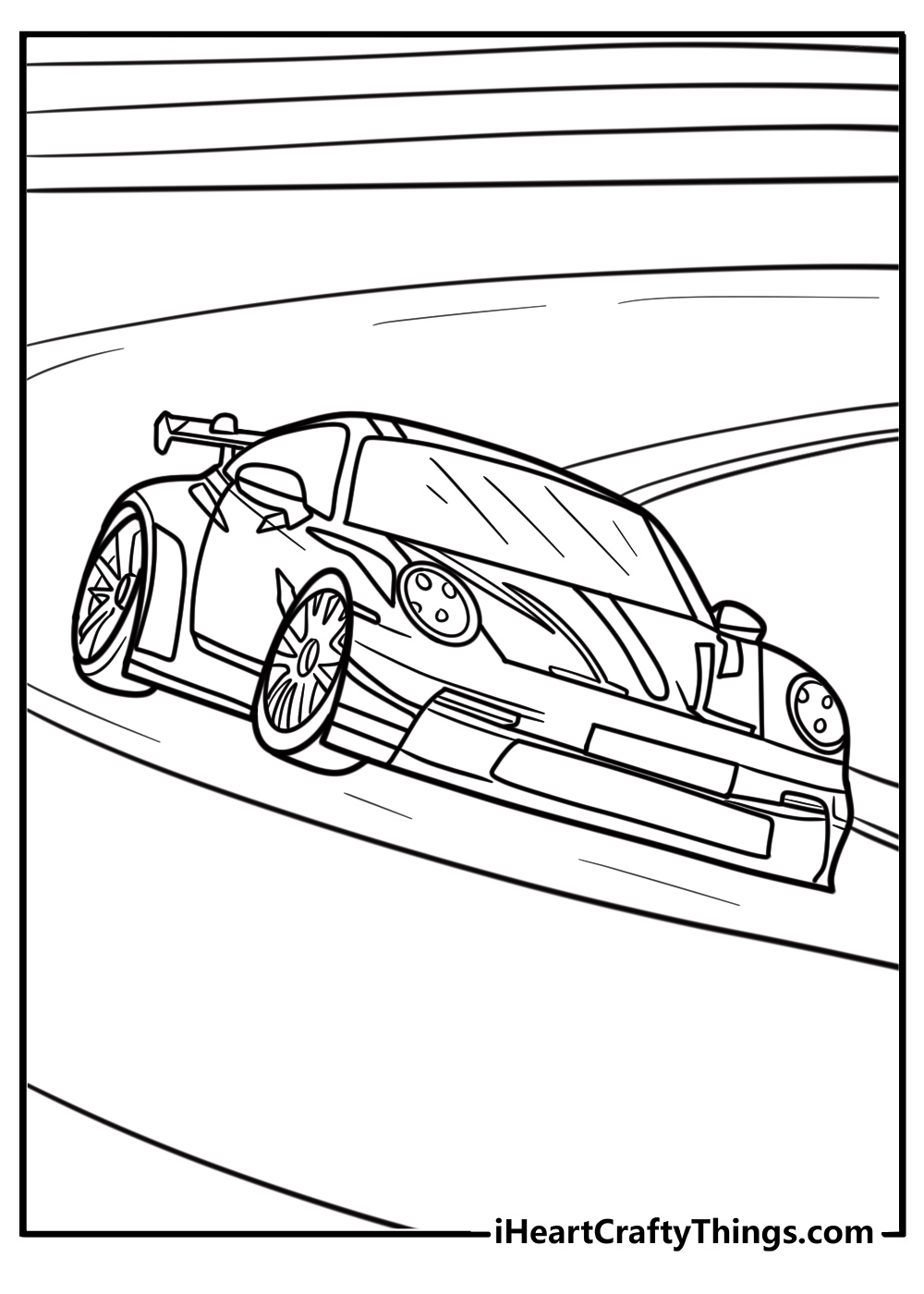 Porsche race car speeding on the track detailed coloring sheet