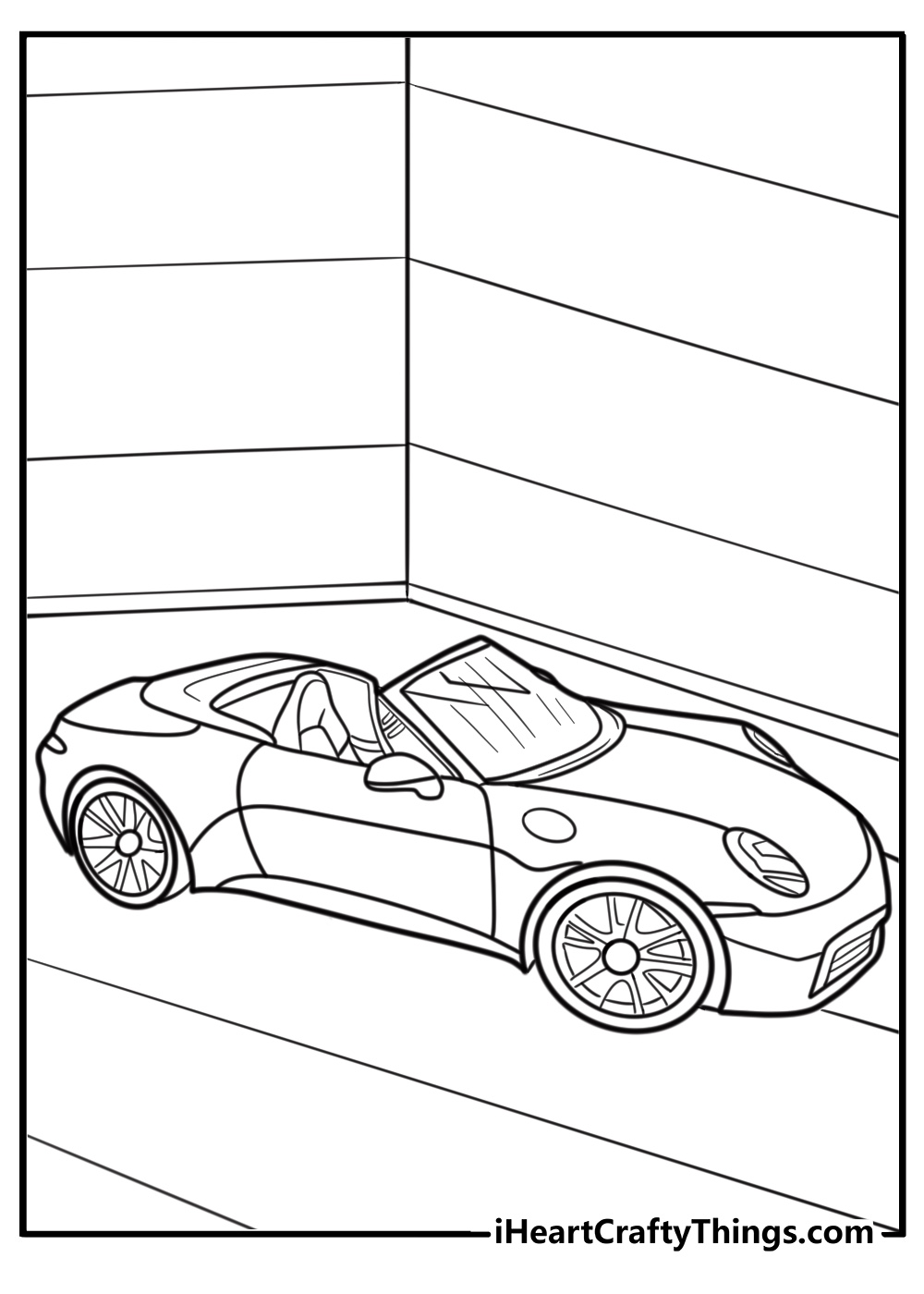 Porsche showroom with luxury models fun printable coloring sheet