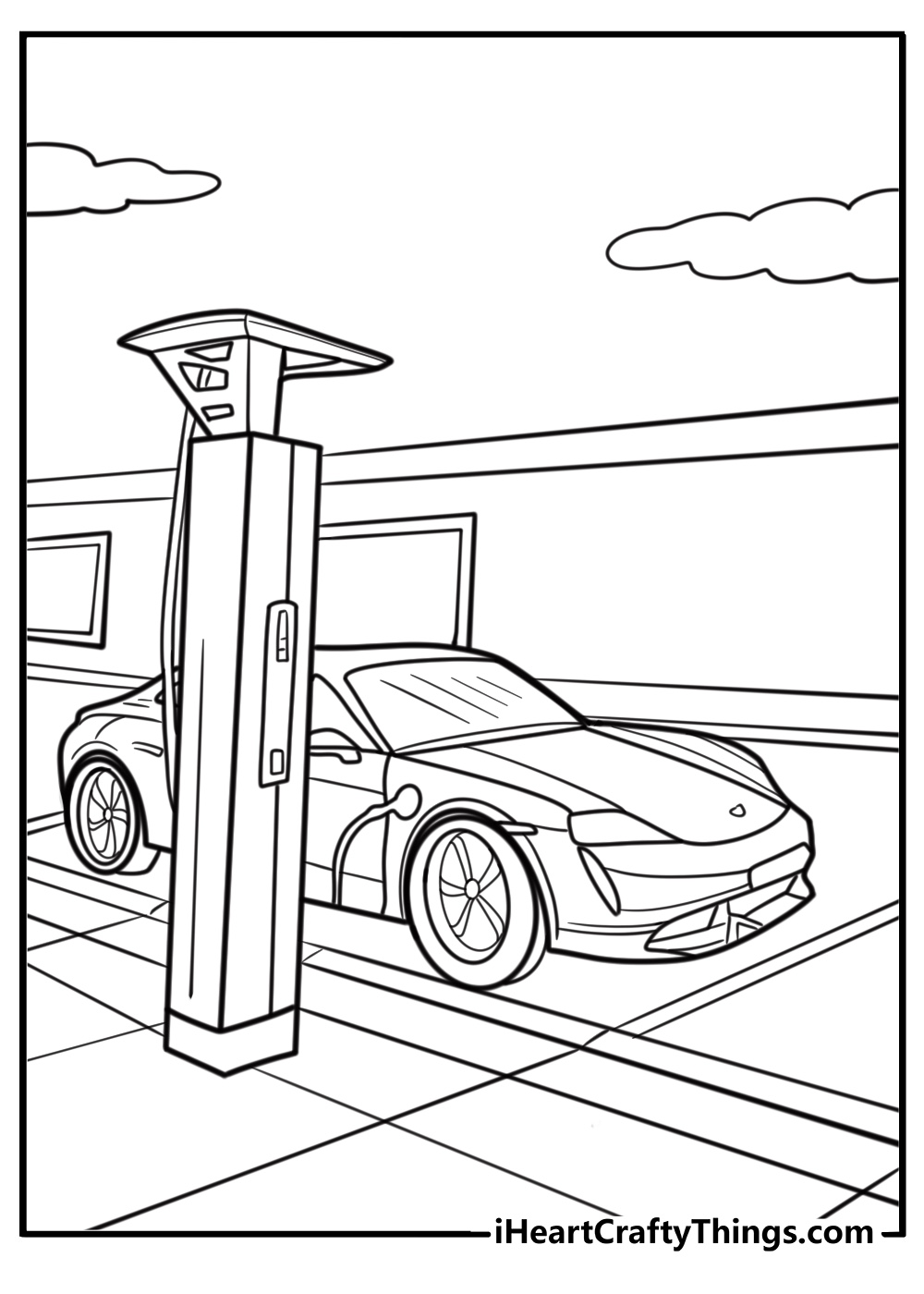 Porsche Taycan charging at an electric station printable page