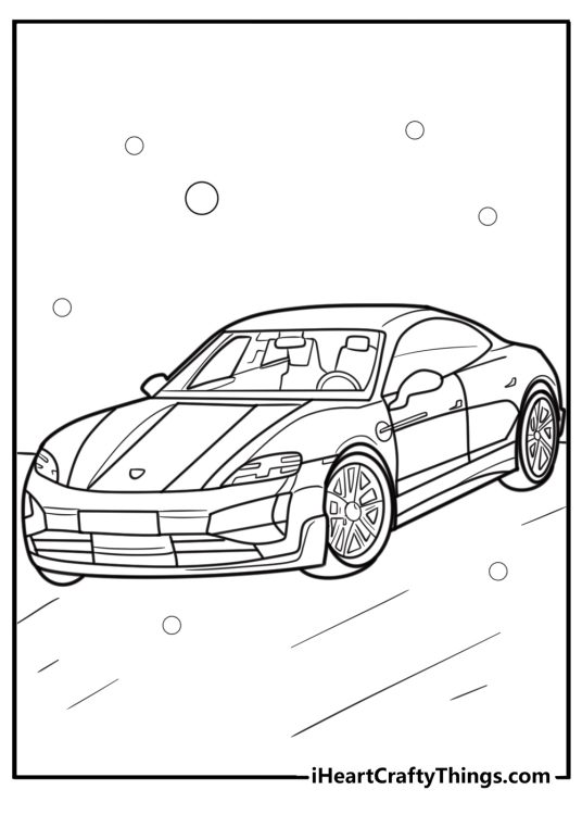 Porsche Taycan electric sports car detailed coloring sheet