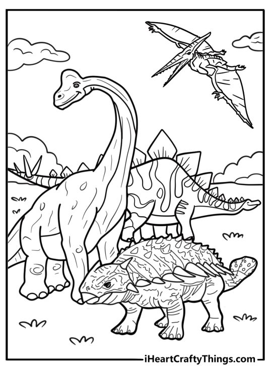 Prehistoric scene with ankylosaurus and other dinosaurs coloring sheet