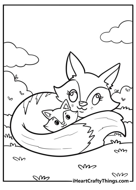 Printable pdf to color of a resting mummy fox curled up in a ball with a baby hiding behind her tail