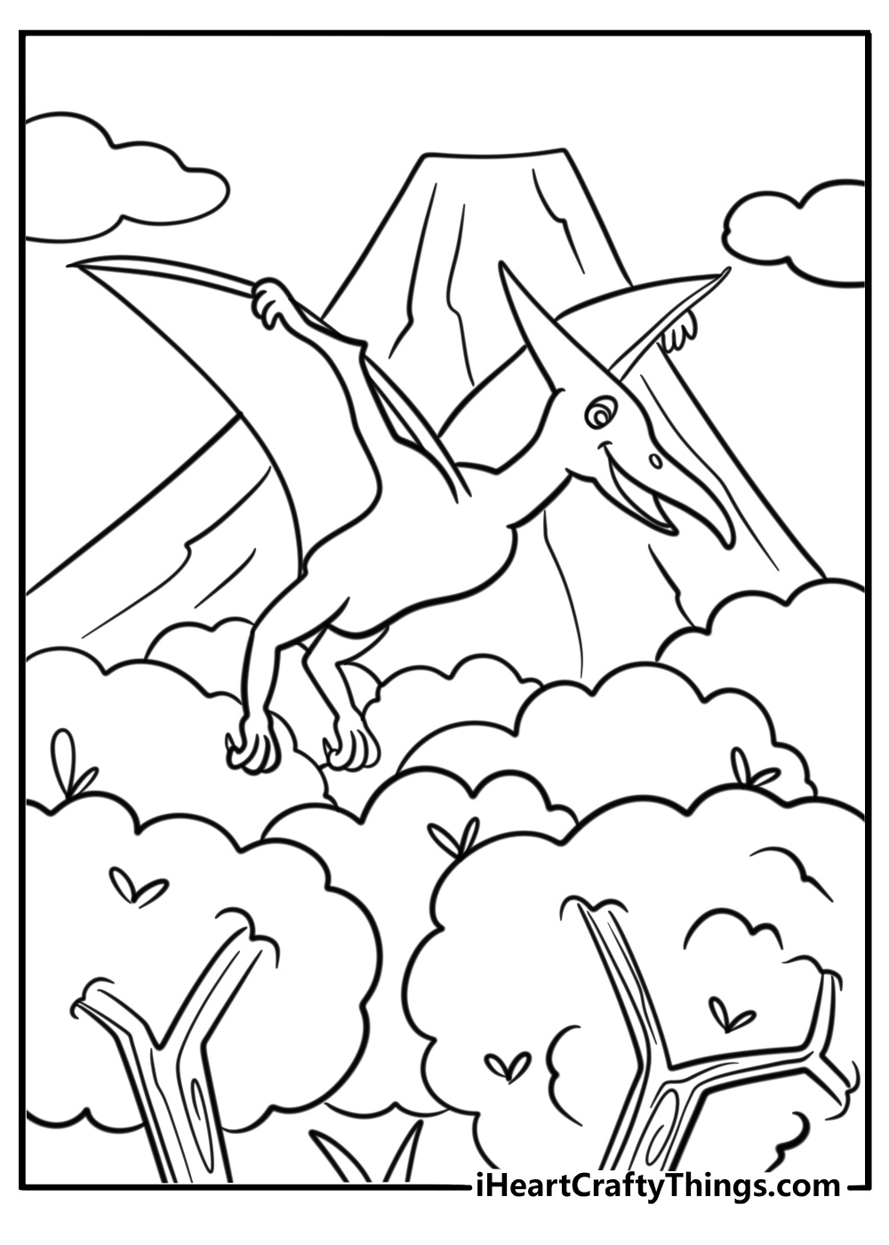 Pterodactyl flying above a prehistoric jungle free coloring page pdf