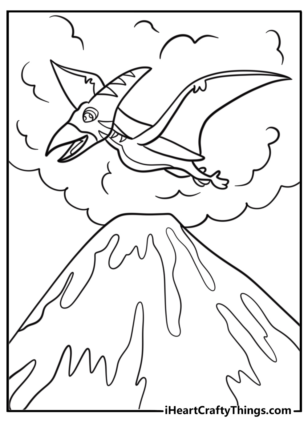 Pterodactyl flying over a volcano free printable coloring page