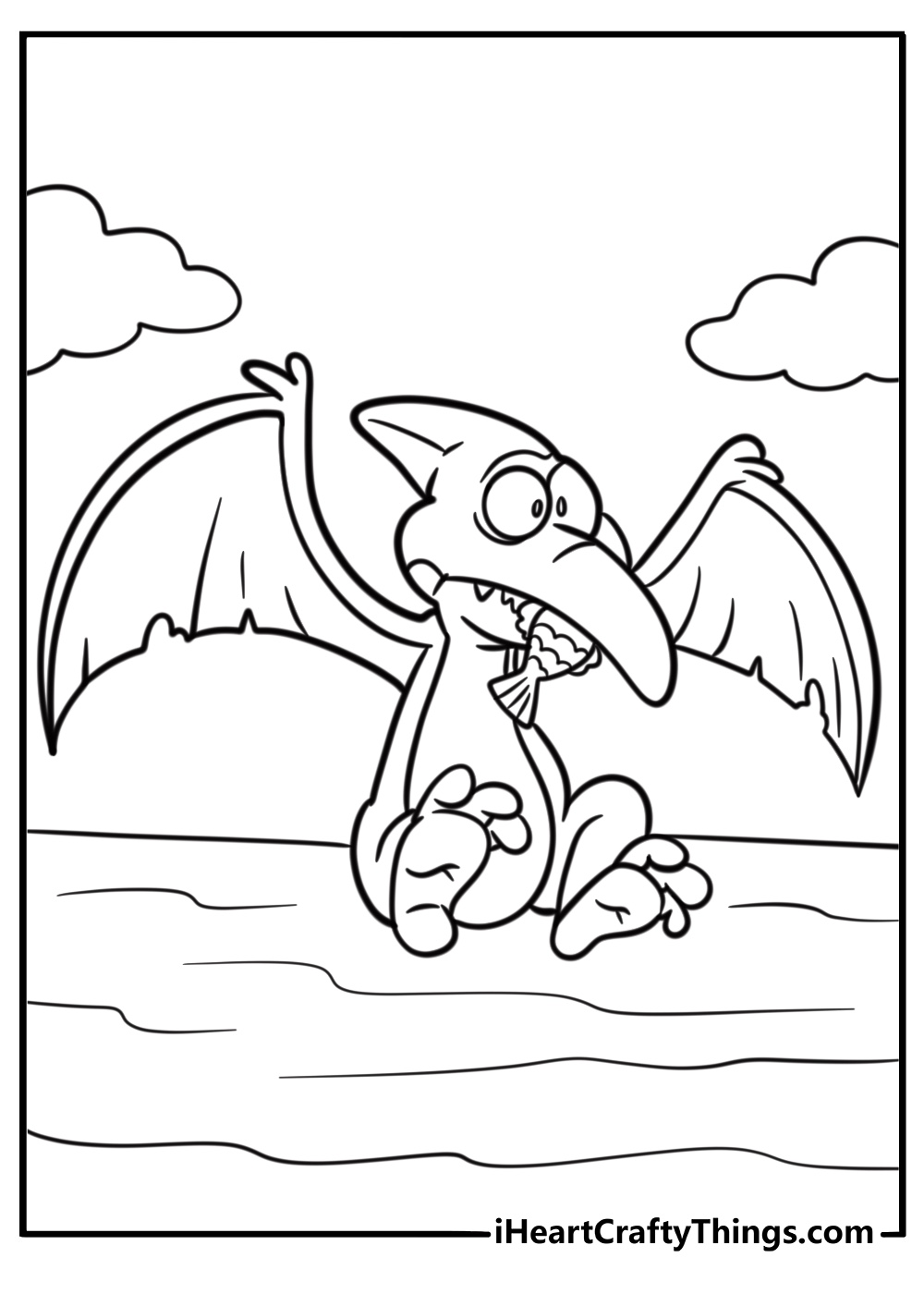 Pterodactyl hunting for fish detailed coloring sheet