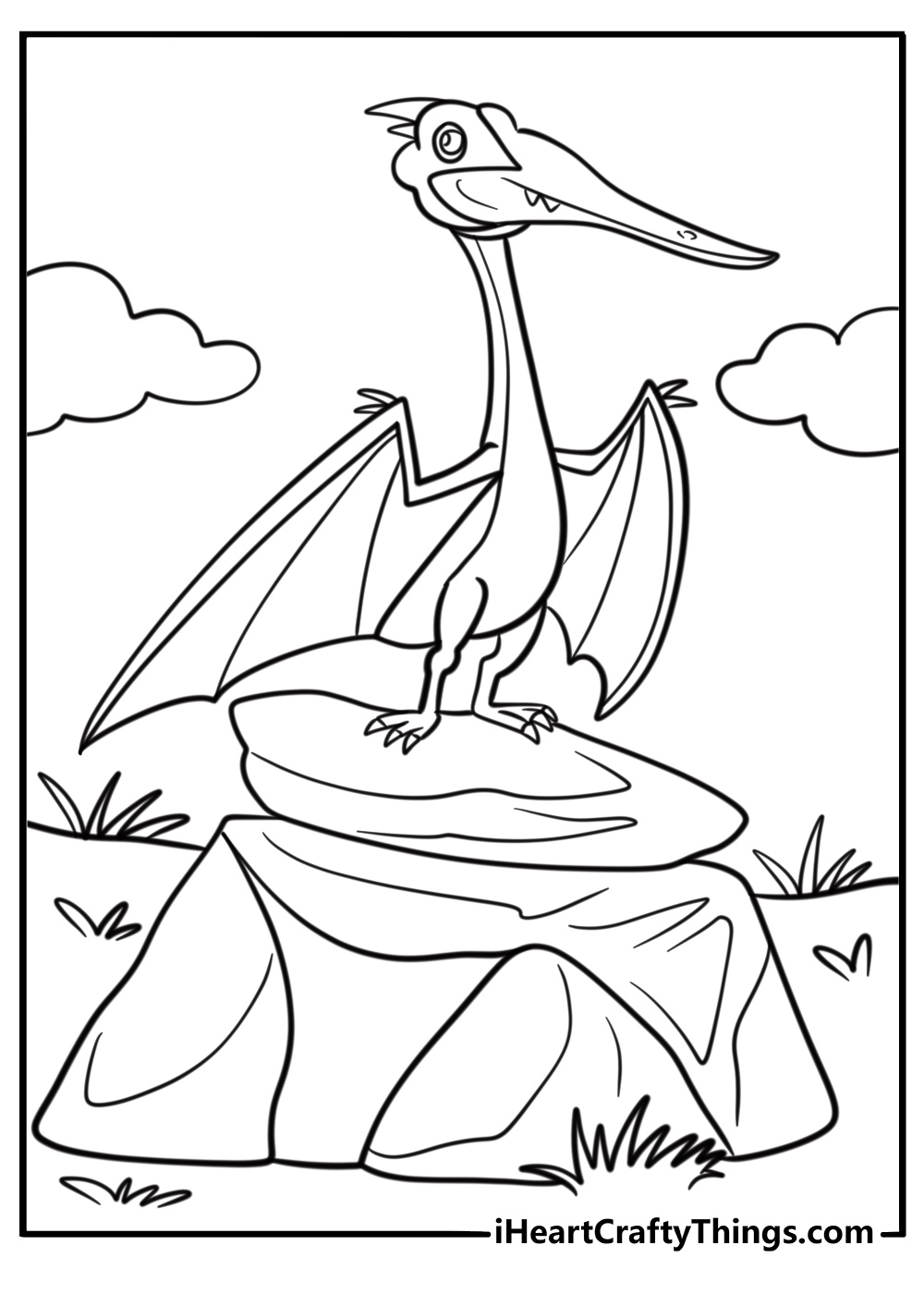 Pterodactyl perched on a rock printable coloring page