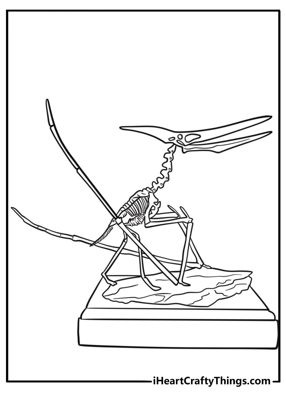 Pterodactyl skeleton in a museum detailed coloring sheet