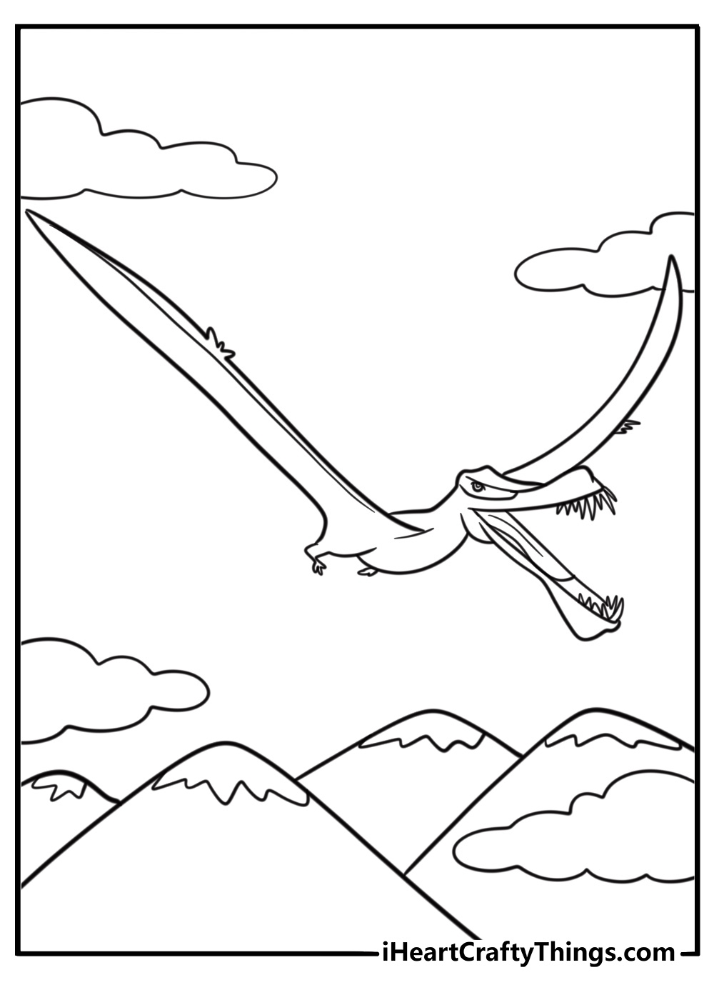 Pterodactyl soaring over mountains coloring sheet