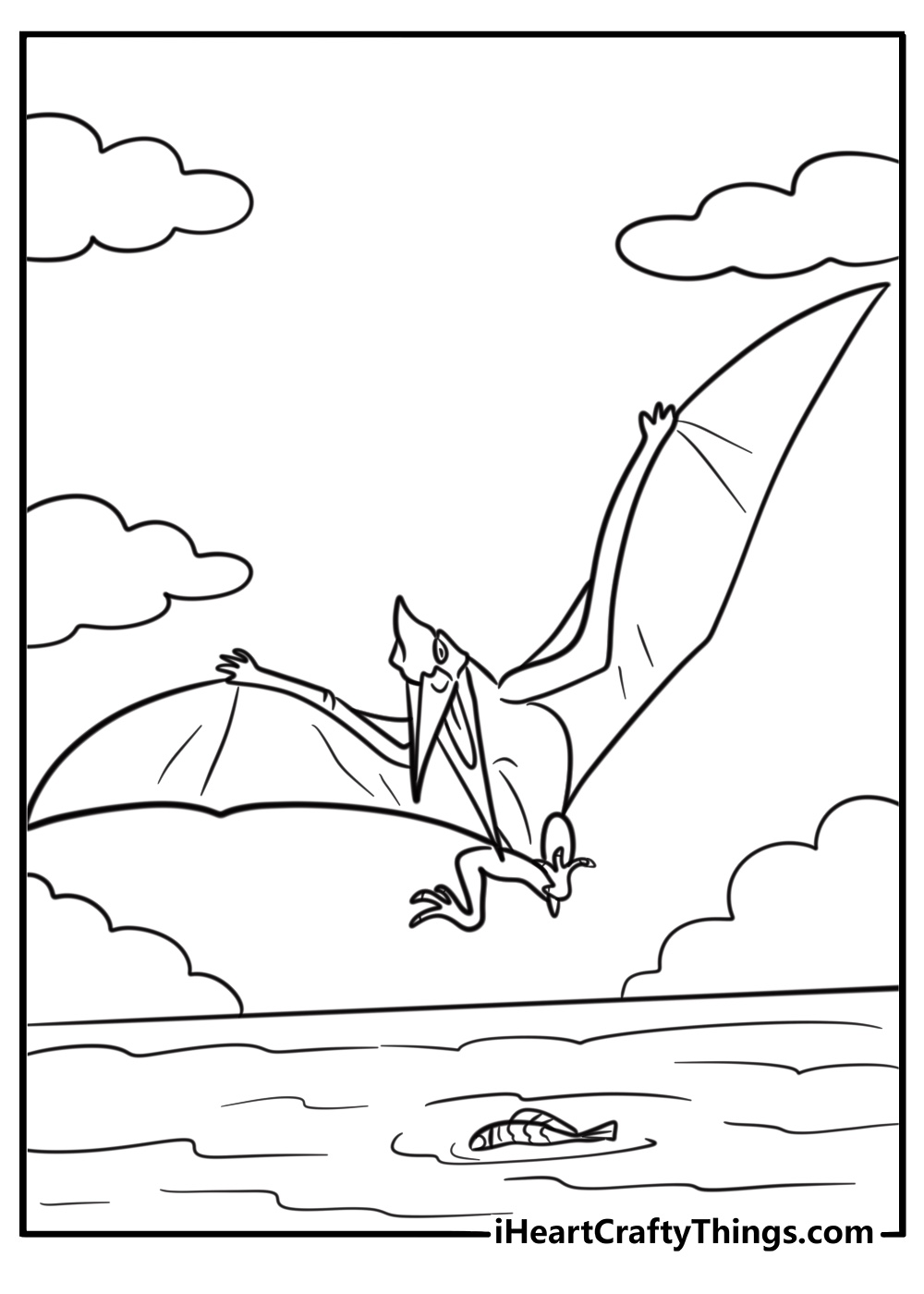 Pterodactyl swooping down for prey detailed coloring sheet