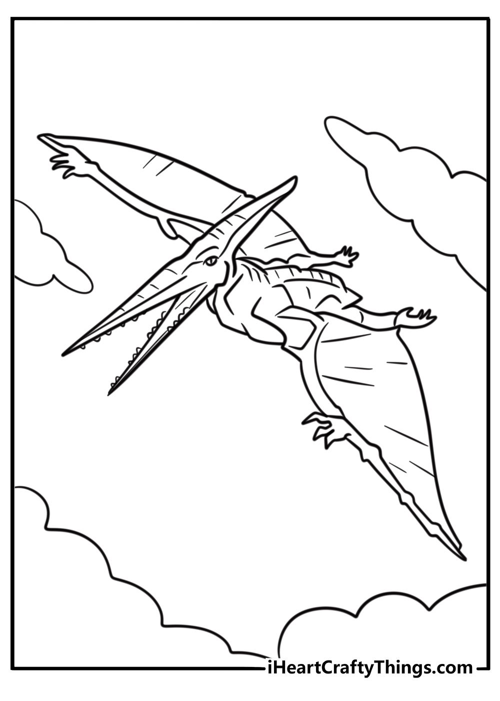 Pterodactyl with a wide wingspan flying high detailed coloring sheet