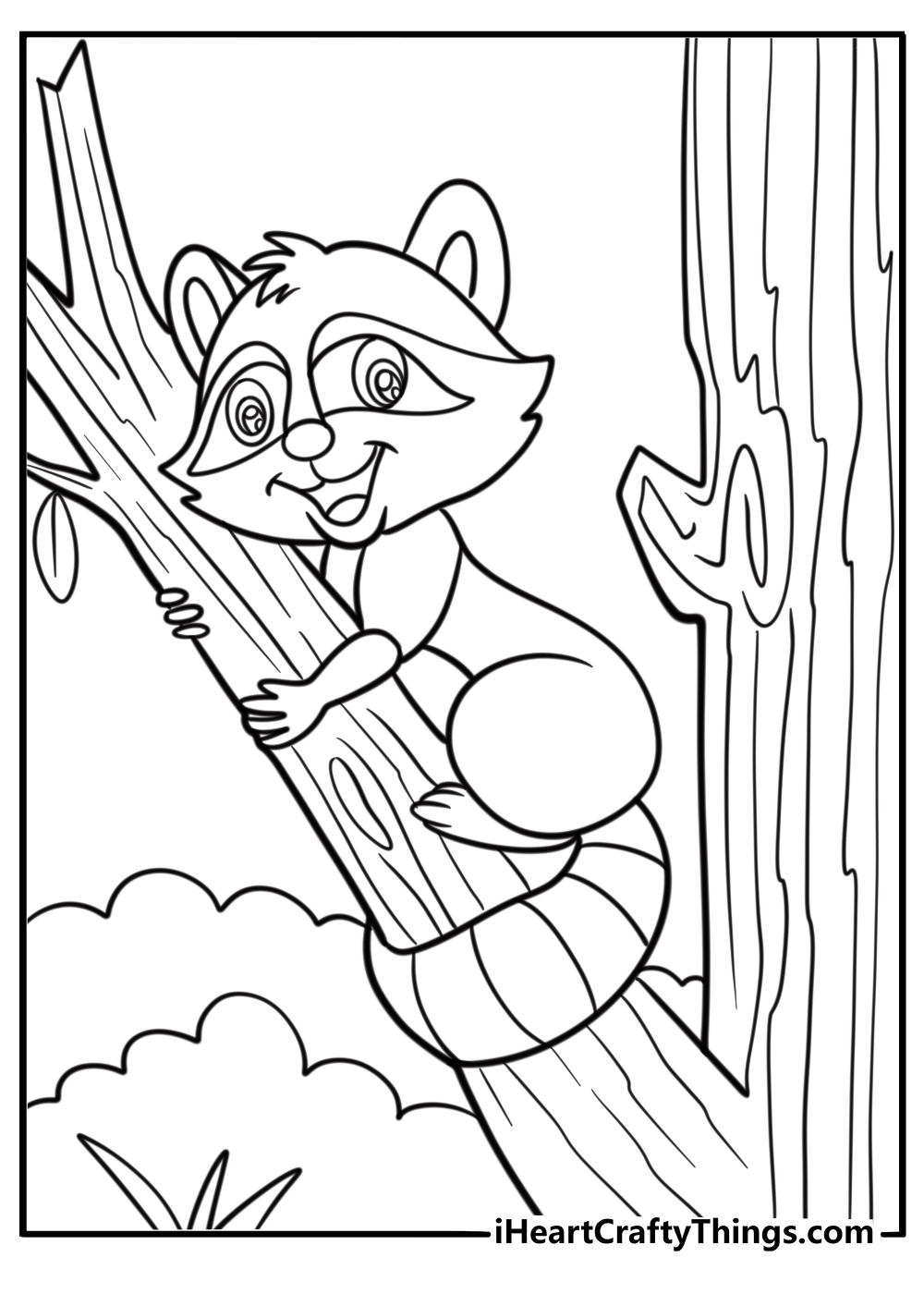 Raccoon climbing a tree branch detailed coloring sheet