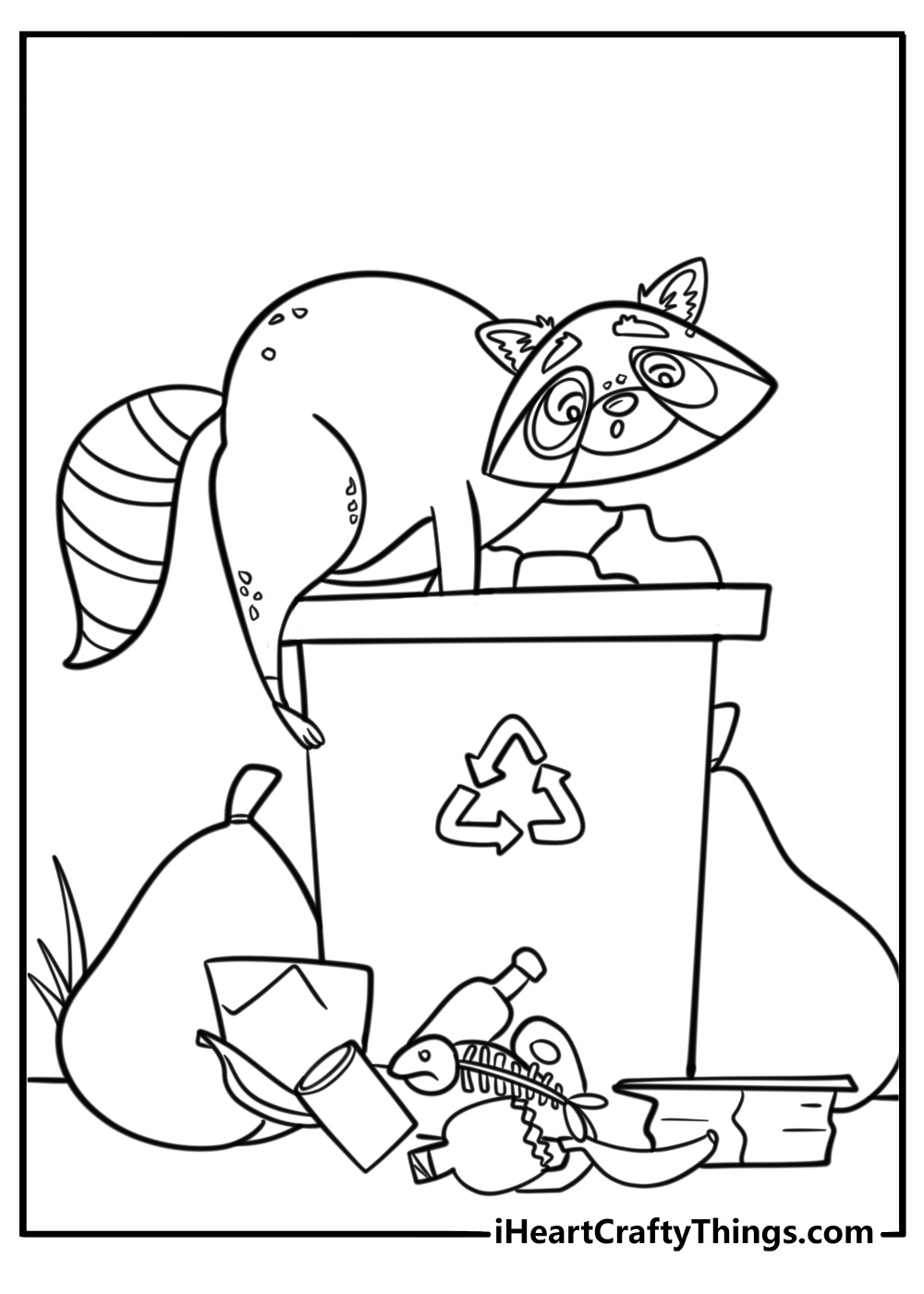 Raccoon digging through trash cans printable coloring page