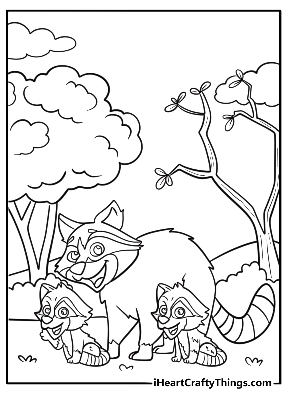 Raccoon family in the forest free coloring page pdf