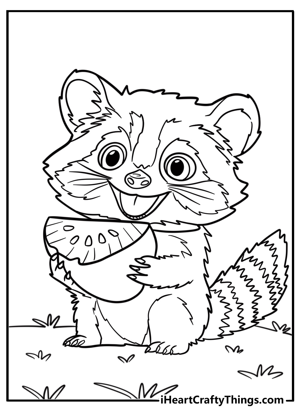 Raccoon holding a piece of fruit fun printable coloring sheet