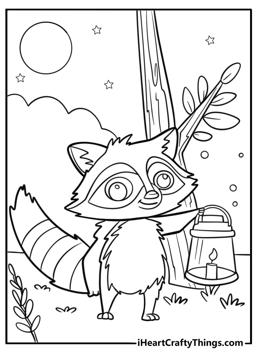 Raccoon in a nighttime forest scene free coloring page pdf