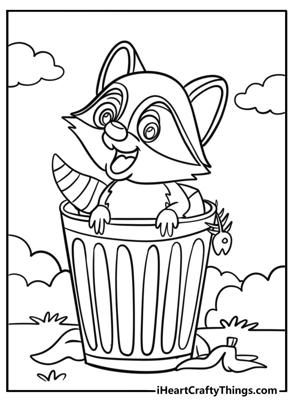 Raccoon in a park looking for snacks printable coloring page