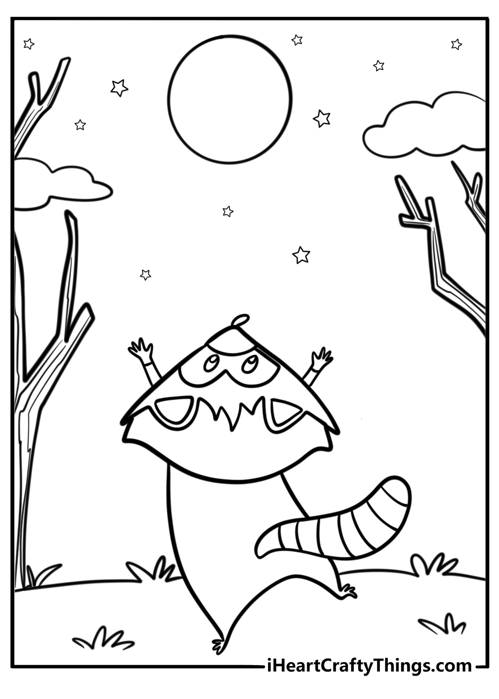 Raccoon looking at the moon in a forest fun coloring sheet