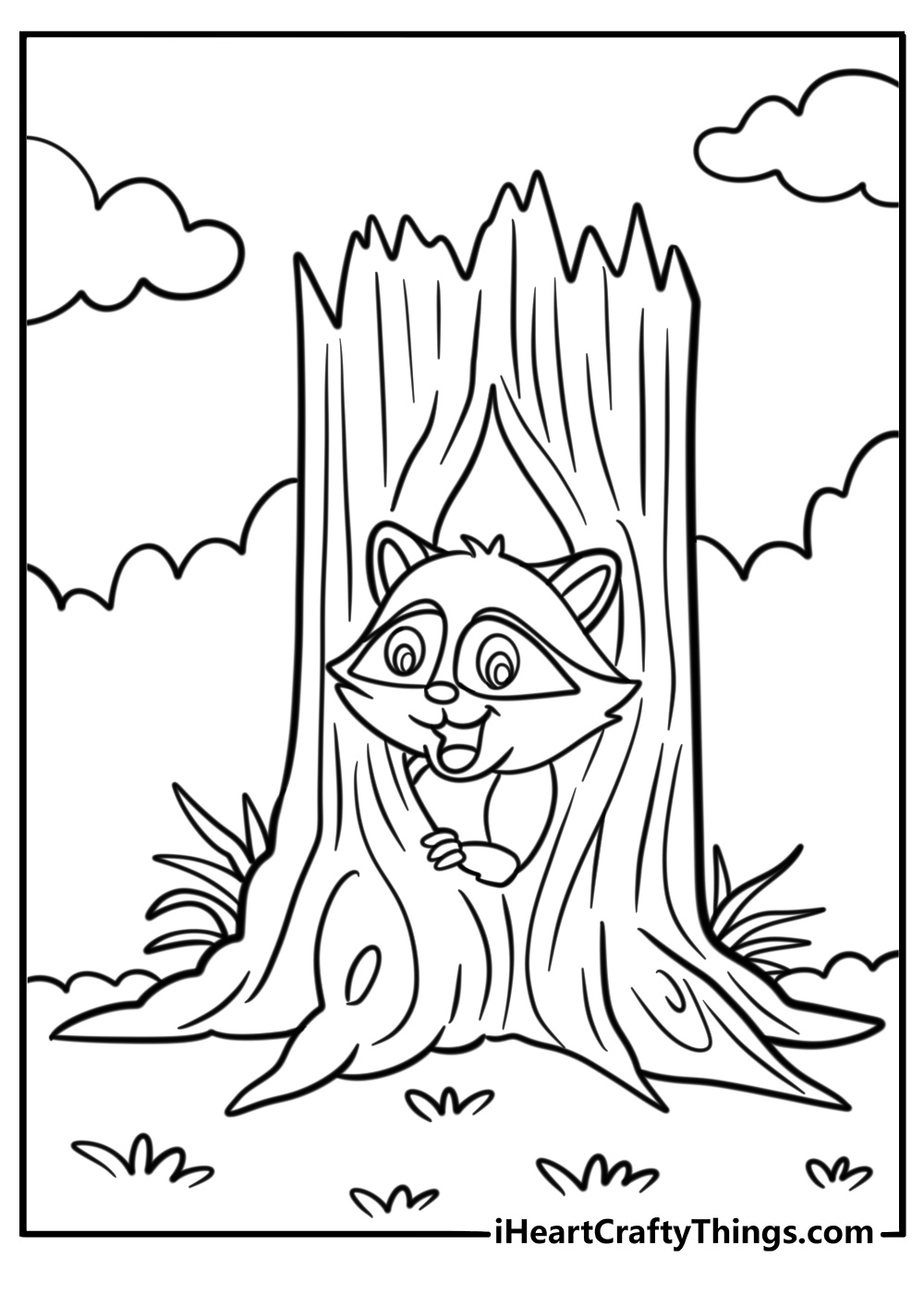 Raccoon peeking out from a hollow log free printable coloring page