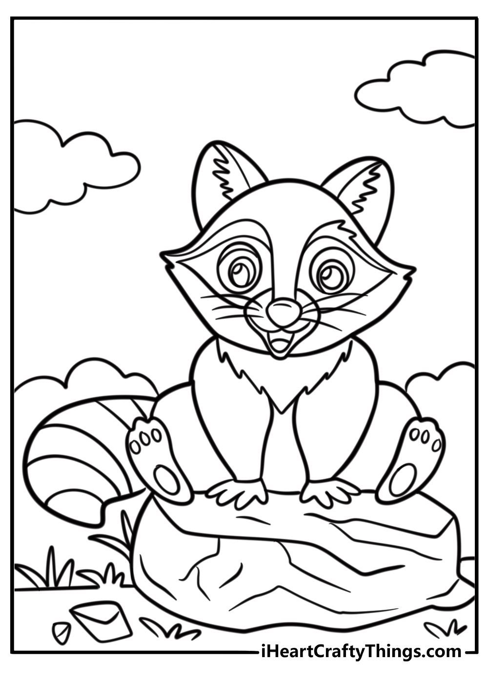 Raccoon sitting on a rock detailed coloring sheet