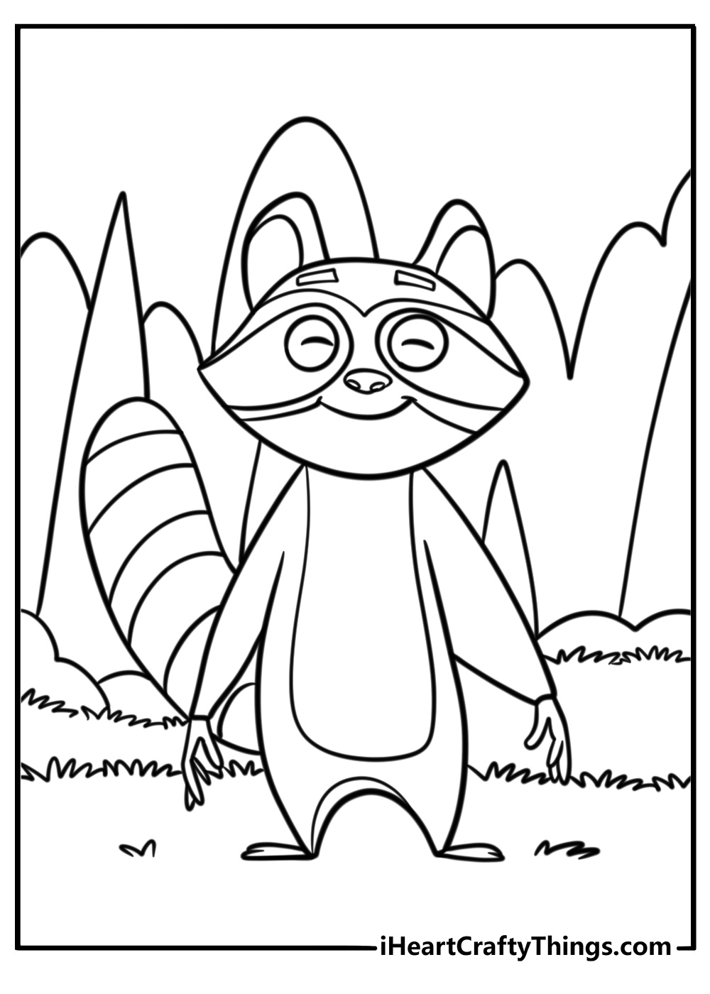 Raccoon sniffing the air in the woods printable coloring page