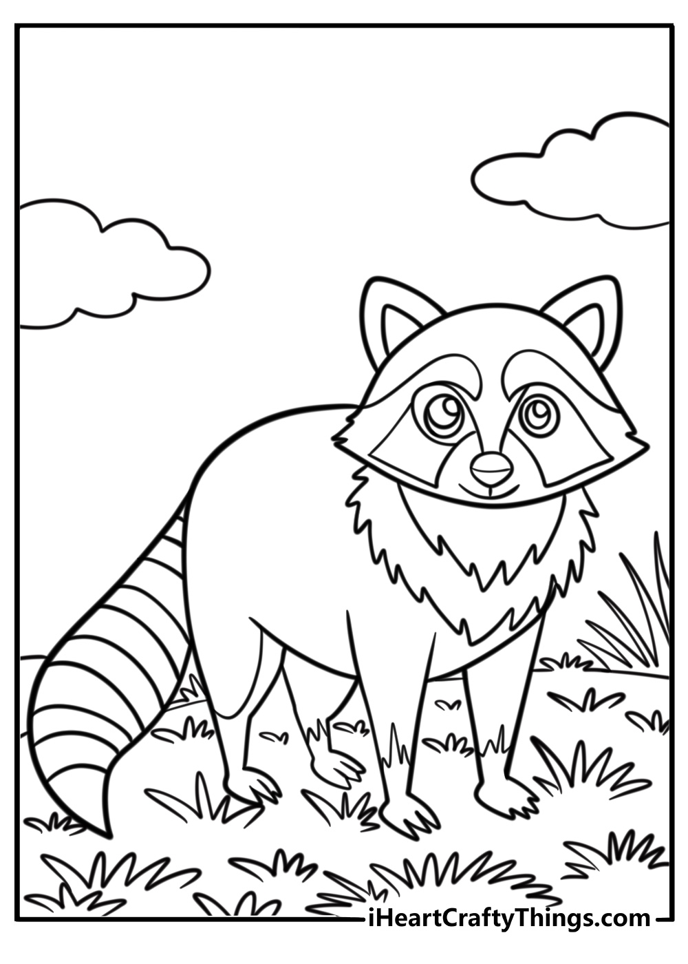 Raccoon standing in a grassy meadow free printable coloring page