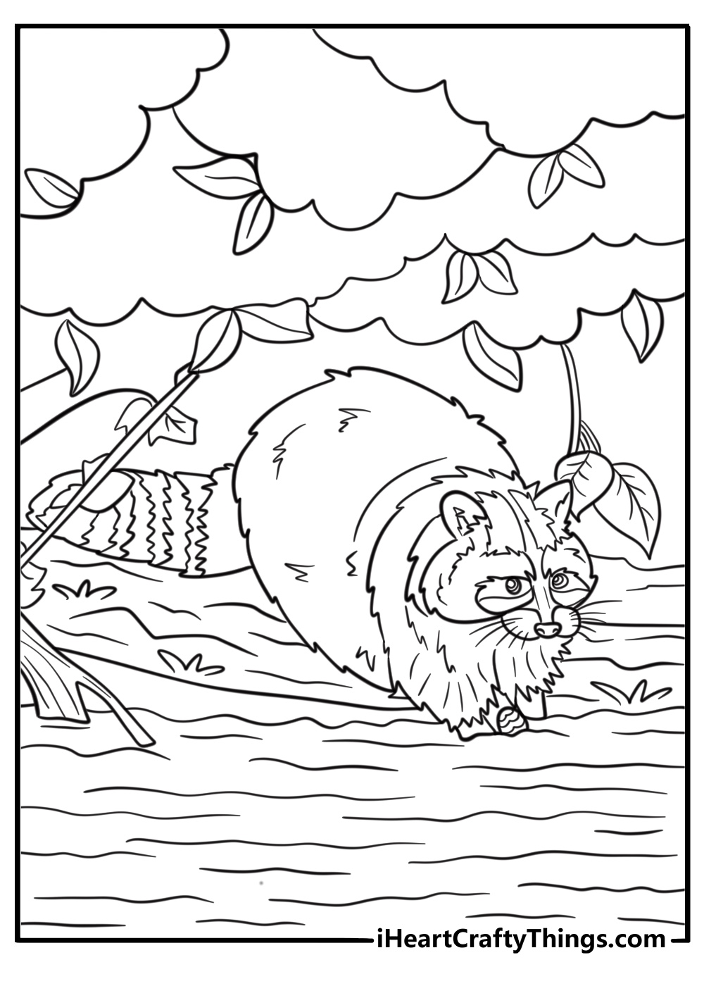 Raccoon washing food in a river coloring page for kids