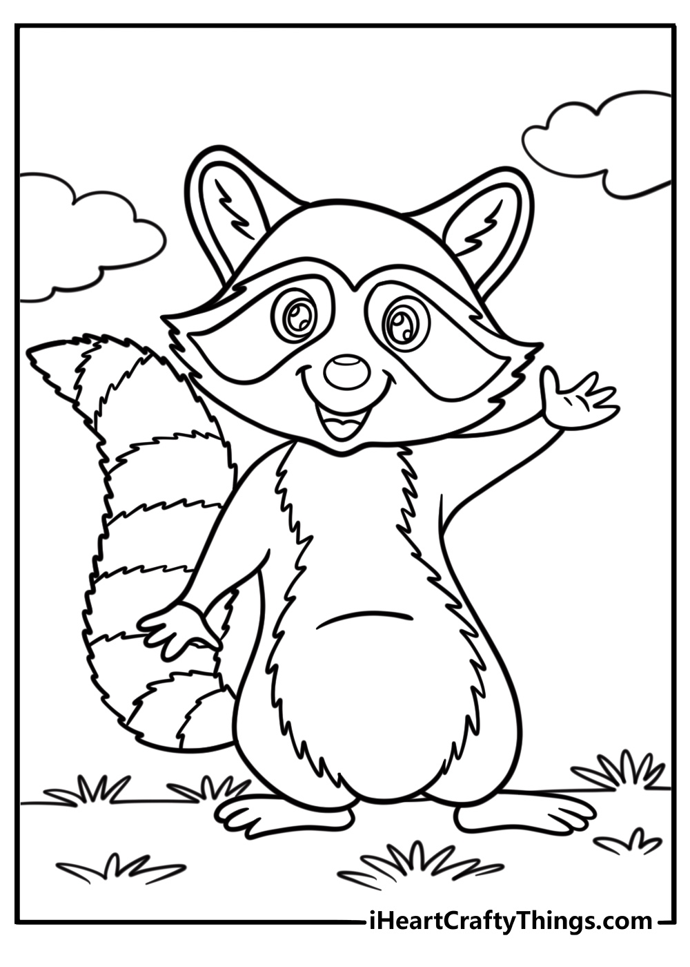 Raccoon with a bushy tail detailed coloring sheet