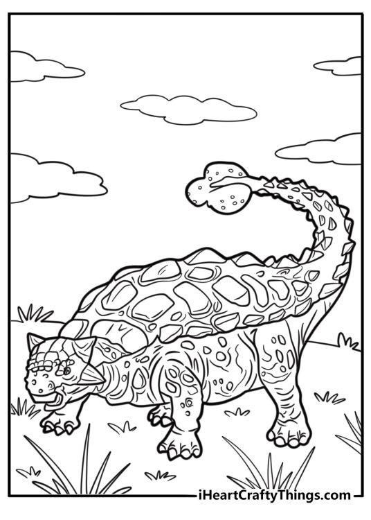 Realistic ankylosaurus in a jungle setting coloring sheet
