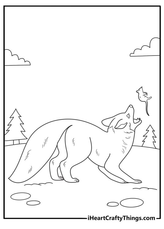realistic fox hunting a mouse in the snow detailed coloring sheet