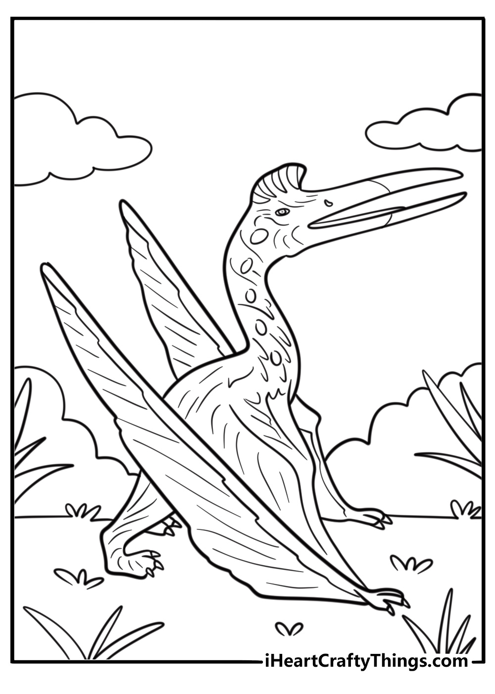 Realistic pterodactyl with large wings free coloring page pdf