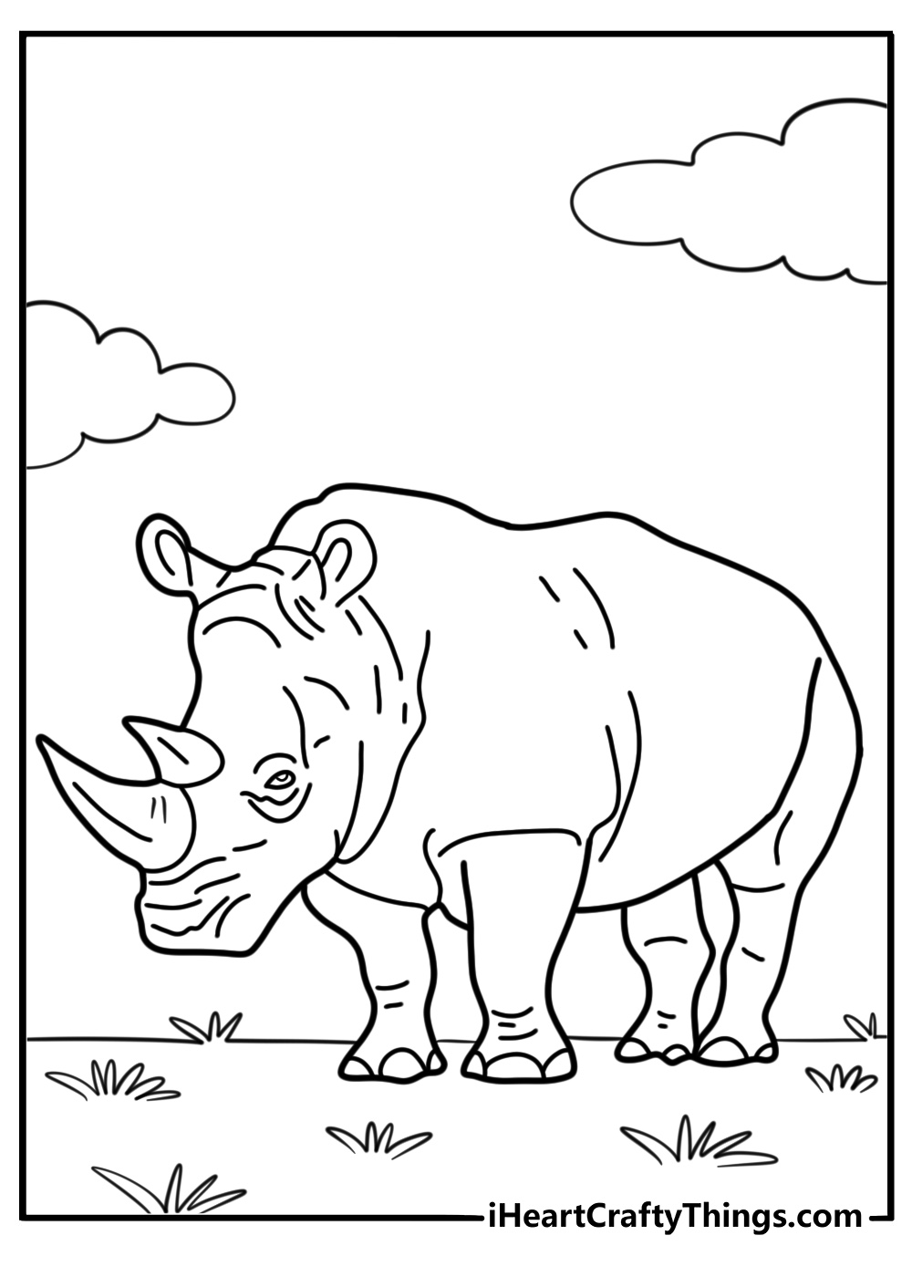 Realistic rhino standing in the grass coloring sheet