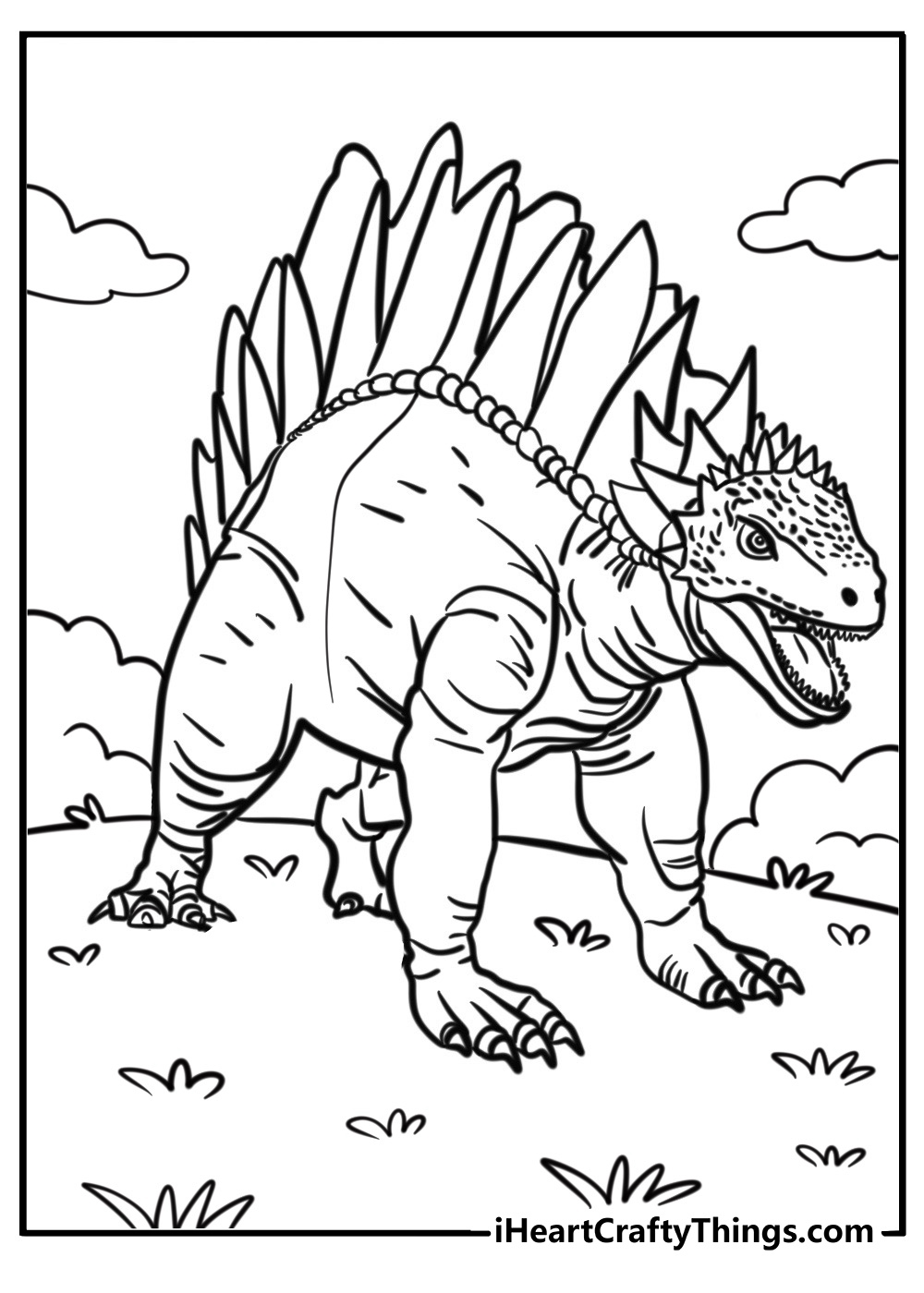 Realistic stegosaurus with plates detailed coloring sheet