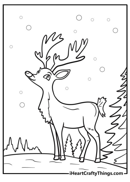 Reindeer with antlers walking in a winter forest fun printable coloring sheet