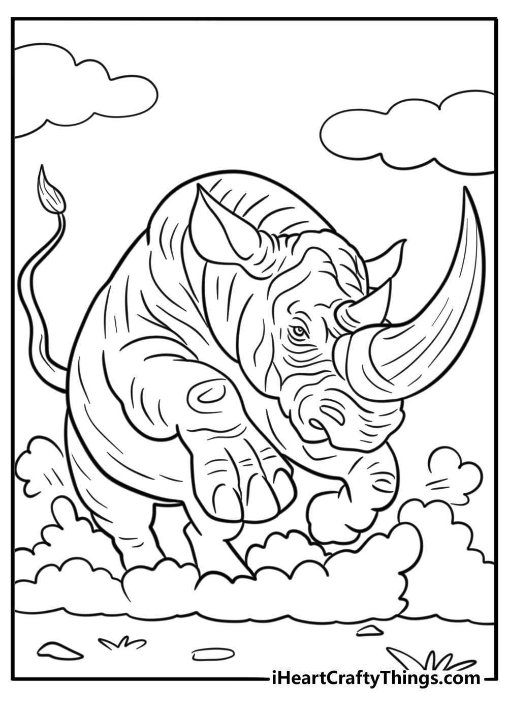 Rhino charging forward with dust clouds free coloring page