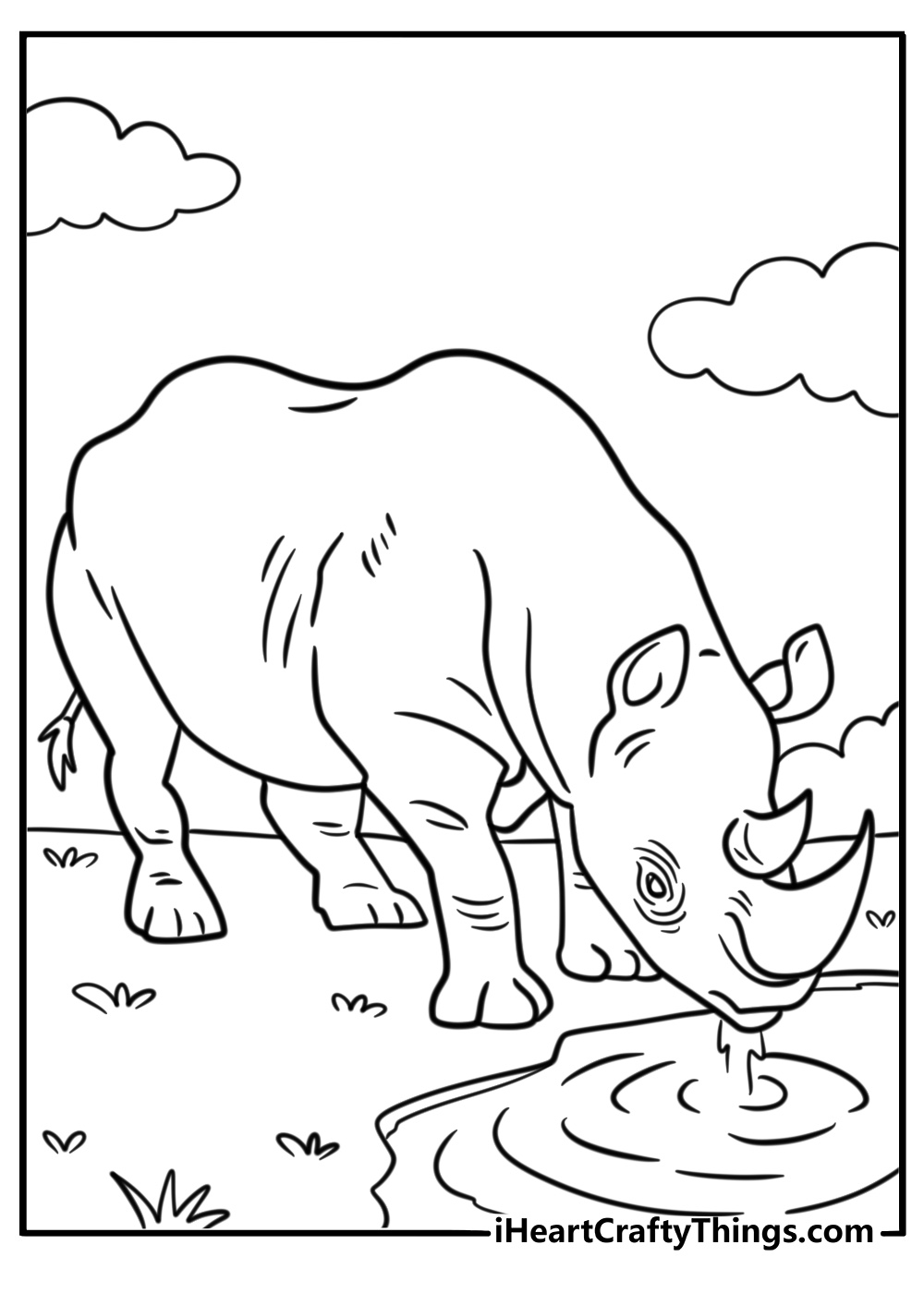 Rhino drinking water from a pond coloring page