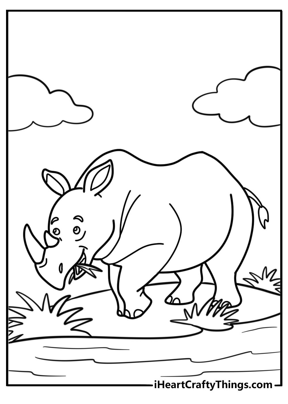 Rhino eating leaves from a bush coloring page