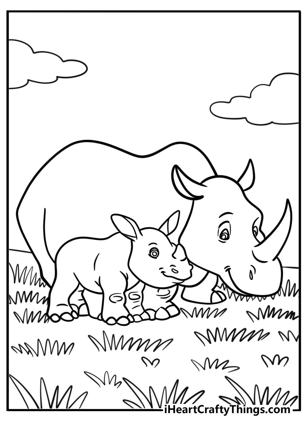 Rhino family in the savannah printable coloring sheet