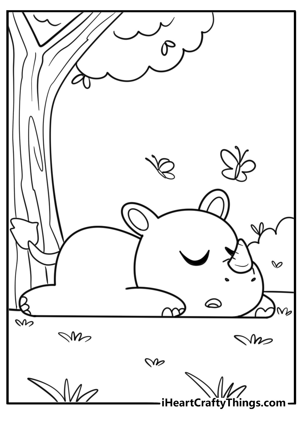 Rhino resting under a tree printable coloring page